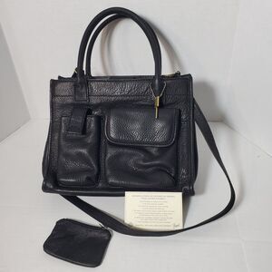 Vintage Fossil Black Genuine Leather Handbag Tote with Authenticity Card‎ #75082